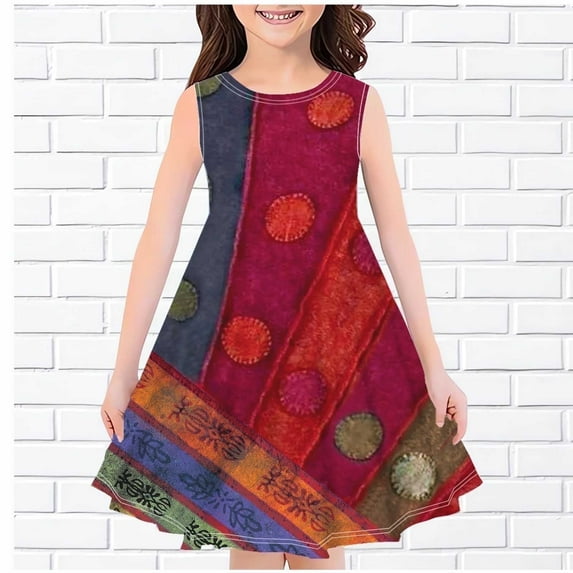 Juslio Girls Dresses Girls Kids Clothes Sleeveless Print Little Girl Dresses 11 Years Red