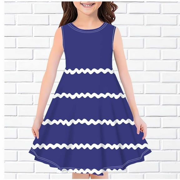 Juslio Girls Dresses Girls Kids Clothes Sleeveless Print Little Girl Dresses 9 Years Blue