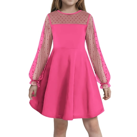 Juslio Girls Dress Summer Beach Long Sleeve Round Neck A-line Knee Length Casual Pink Sundress