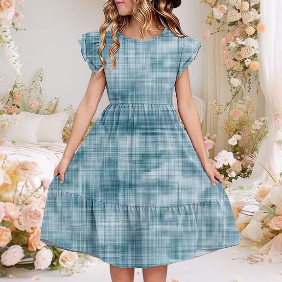 Juslio Girls Dress Summer Beach Ruffle Sleeve Round Neck A-line Knee Length Casual Blue Sundress