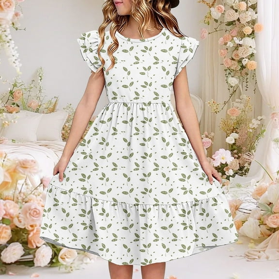 Juslio Girls Dress Summer Beach Ruffle Sleeve Round Neck A Line Dresses Knee Length Casual Green Sundress
