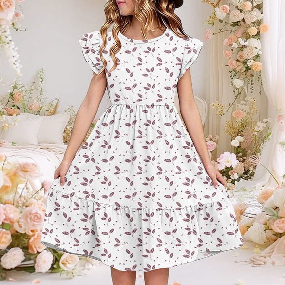 Juslio Girls Dress Summer Beach Ruffle Sleeve Round Neck A Line Dresses Knee Length Casual Pink Sundress