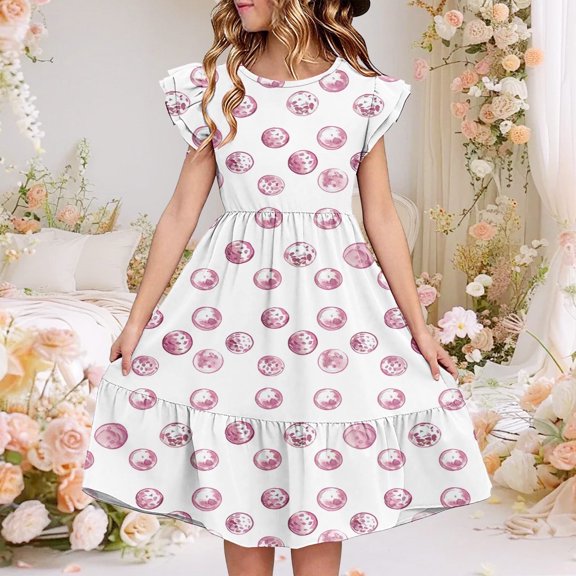 Juslio Girls Dress Summer Beach Ruffle Sleeve Round Neck A-line Knee Length Casual Pink Sundress