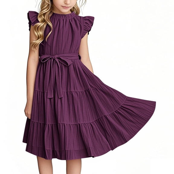 Juslio Girls Dress Summer Beach Ruffle Sleeve Round Neck A Line Dresses Knee Length Casual Purple Sundress