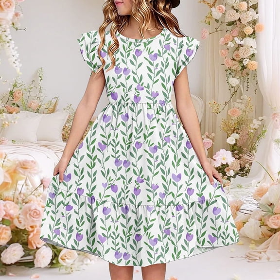 Juslio Girls Dress Summer Beach Ruffle Sleeve Round Neck A Line Dresses Knee Length Casual Purple Sundress
