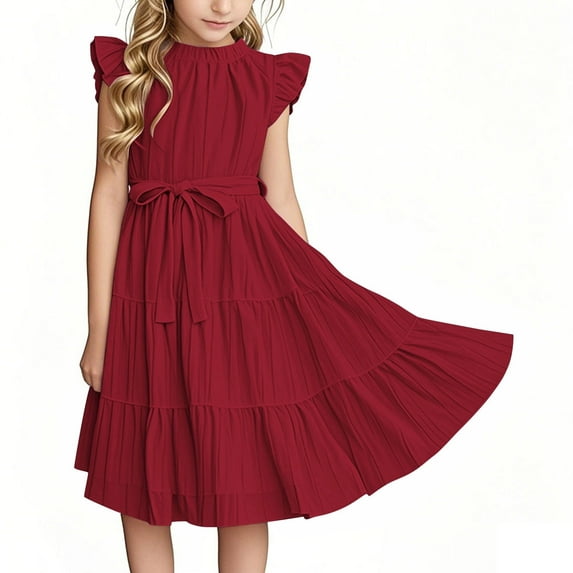 Juslio Girls Dress Summer Beach Ruffle Sleeve Round Neck A Line Dresses Knee Length Casual Red Sundress