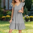 thumbnail image 1 of Juslio Girls Dress Summer Beach Ruffle Sleeve V-Neck A Line Dresses Knee Length Casual Gray Sundress, 1 of 5