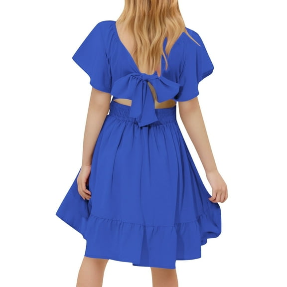 Juslio Girls Dress Summer Beach Short Sleeve Ruched A Line Dresses Knee Length Casual Blue Sundress