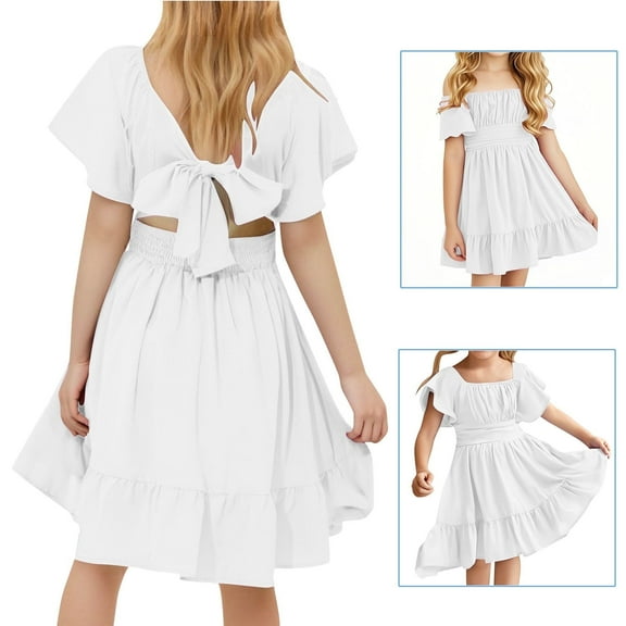 Juslio Girls Dress Summer Beach Short Sleeve Ruched A-line Knee Length Casual White Sundress