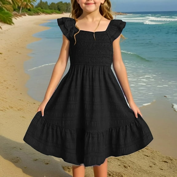 Juslio Girls Dress Summer Beach Sleeveless Square Neckline A Line Dresses Knee Length Casual Black Sundress