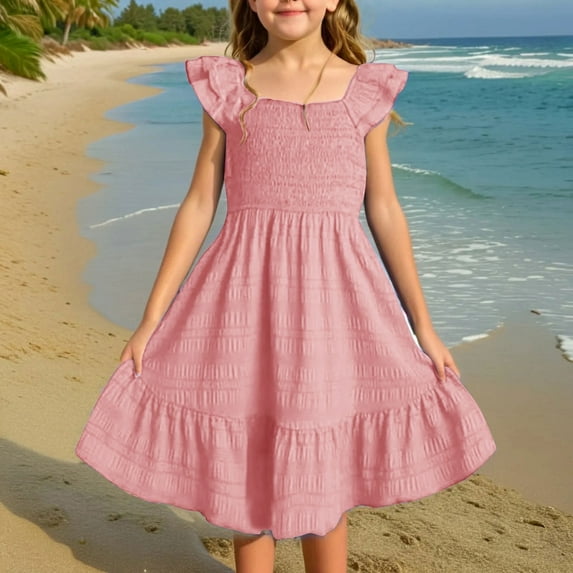 Juslio Girls Dress Summer Beach Sleeveless Square Neckline A Line Dresses Knee Length Casual Pink Sundress