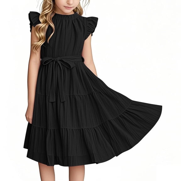 Juslio Girls Dresses A-line Ruffle Sleeve Round Neck Knee Length Casual Summer Beach Black Sundress