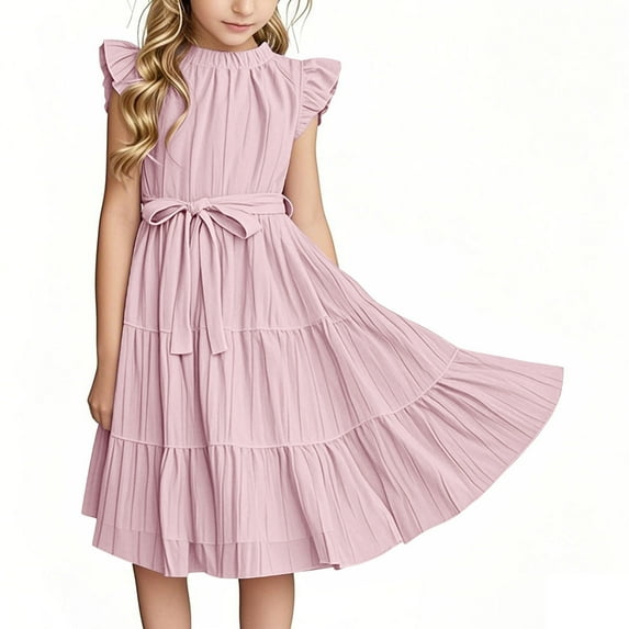 Juslio Girls Dresses A Line Dresses Ruffle Sleeve Round Neck Knee Length Casual Summer Beach Pink Sundress