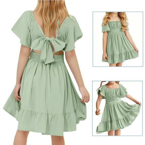 Juslio Girls Dresses A-line Short Sleeve Ruched Knee Length Casual Summer Beach Green Sundress