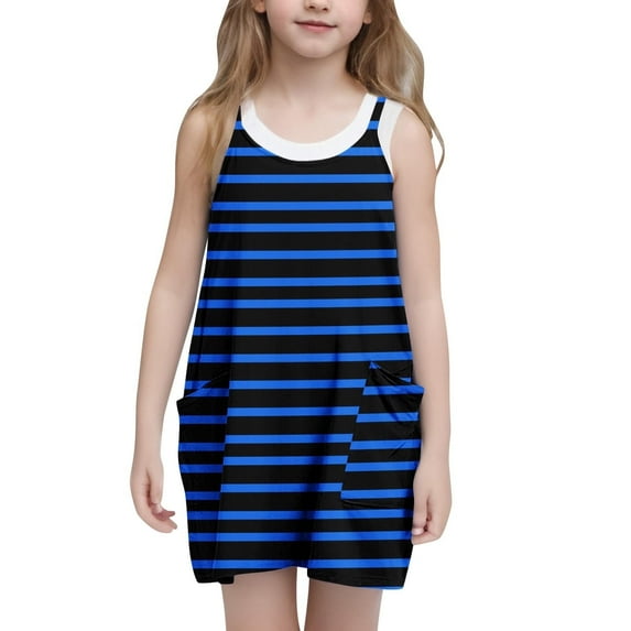 Juslio Girls Dresses A-line Sleeveless Pockets Knee Length Casual Summer Beach Blue Halter Dress