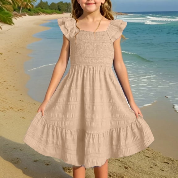 Juslio Girls Dresses A-line Sleeveless Square Neckline Knee Length Casual Summer Beach Beige Sundress