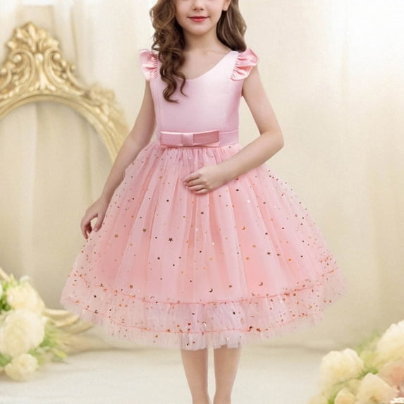 Juslio Girls Dresses A-line Sleeveless Tulle Knee Length Casual Summer Beach Bow Princess Dresses