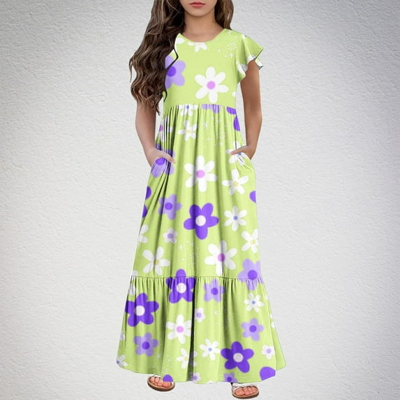 Juslio Girls Dresses With Pockets Kids Clothes Little Girls Short Sleeve Print Round Neck Ruffle Yellow