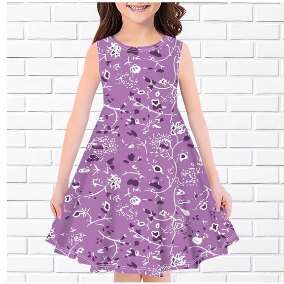 Juslio Girls Dresses Girls Skirt Kids Clothes Sleeveless Print Little Girl Dresses 7 Years Purple