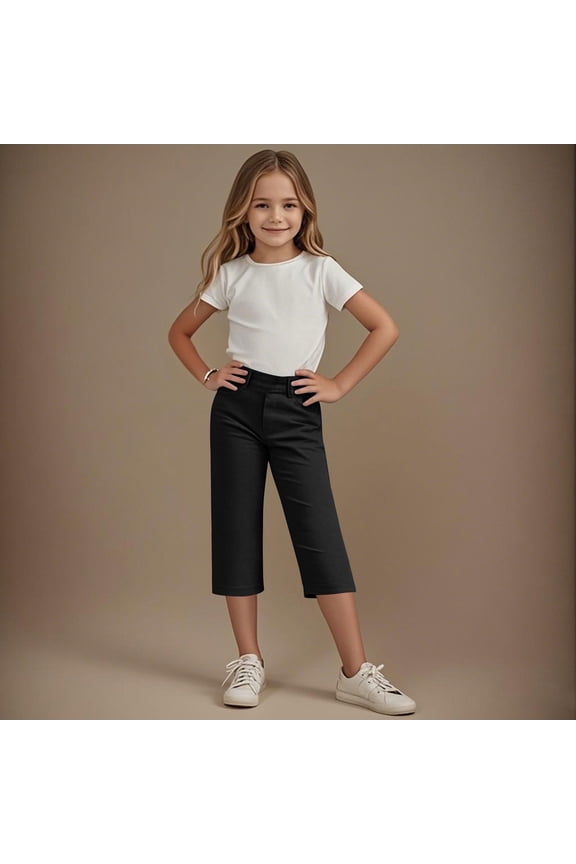 Girls Pants 4-14Years Kids Girls Solid Color Elastic Waist Straight With Pocket（Black Capris， 13 Years）