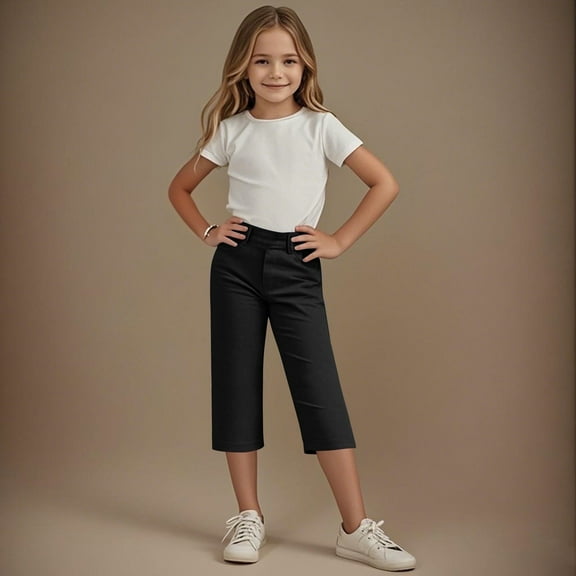 Juslio Girls Pants 4-14Years Kids Girls Solid Color Elastic Waist Straight With Pocket（Black Capris， 6 Years）