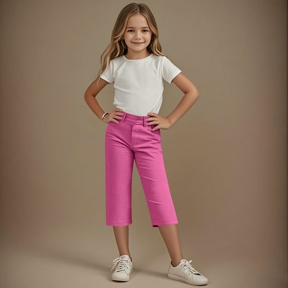 Juslio Girls Pants 4-14Years Kids Girls Solid Color Elastic Waist Straight With Pocket(Hot Pink Capris, 8 Years)