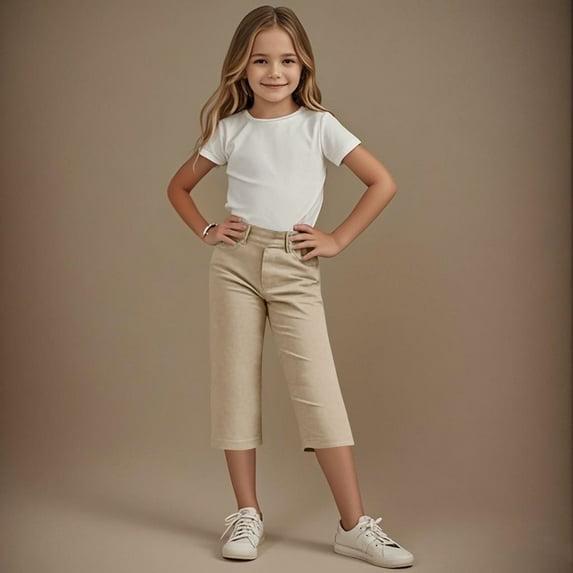 Juslio Girls Pants 4-14Years Kids Girls Solid Color Elastic Waist Straight With Pocket(Khaki Capris, 12 Years)