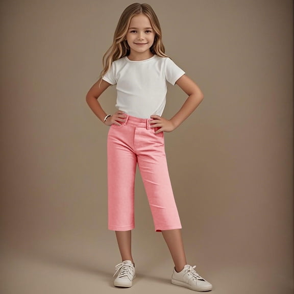 Juslio Girls Pants 4-14Years Kids Girls Solid Color Elastic Waist Straight With Pocket（Pink Capris， 12 Years）