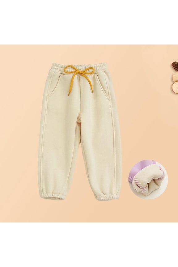 Girls Pants Casual Solid 1-10 Years Drawstring Warm Suede Straight Leg Ankle Beige