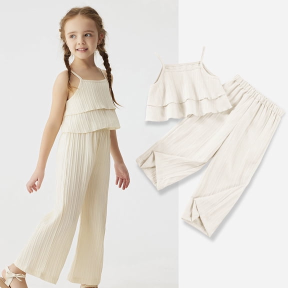 Juslio Girls Pants Casual Solid Boy Short Sleeveless Round Neck Collar Botton Sets White