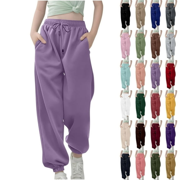 JUSLIO Sweatpants for Girls with Pockets Casual Sweatpants Solid Color Drawstring Jogger Pants Purple Size 9