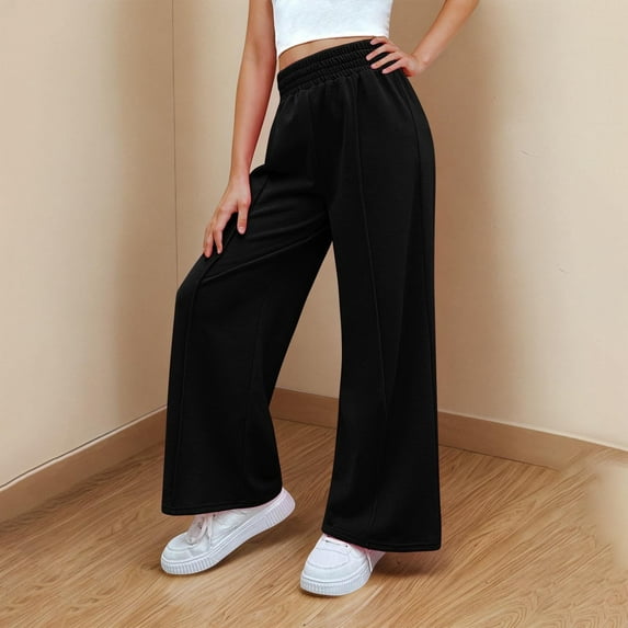 Juslio Girls Pants Casual Solid Elastic Waist Sports Straight Leg Black