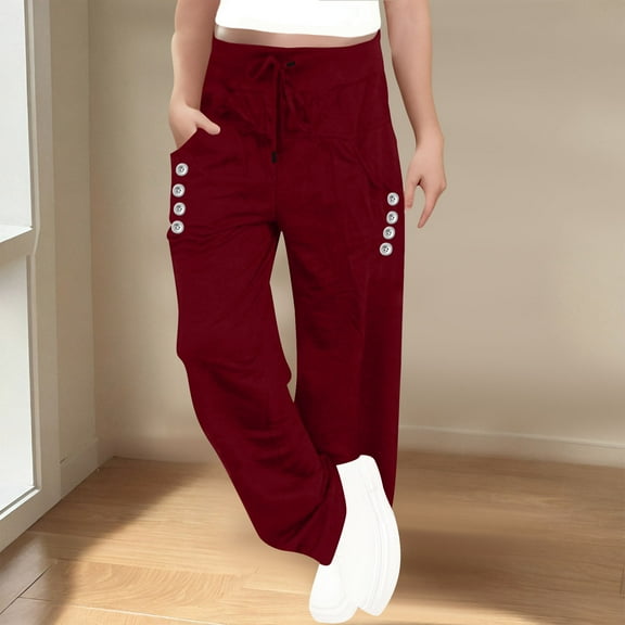 Juslio Girls Pants Casual Solid Elastic Waistb Drawstring With Side Pockets Work Wide Leg