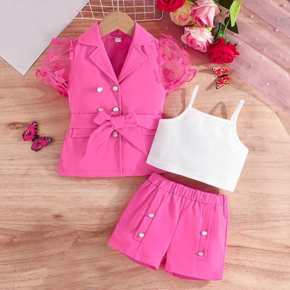 Juslio Girls Pants Casual Solid Short Sleeved Lapel Suit camisole  Three Piece Set Hot Pink