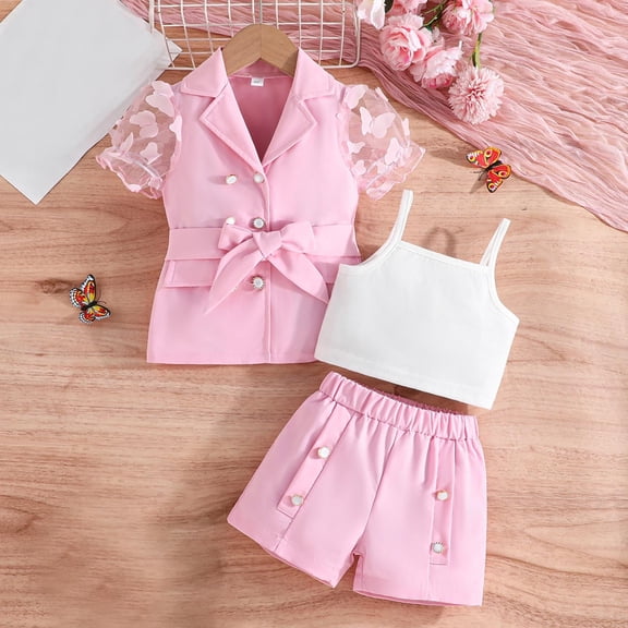 Juslio Girls Pants Casual Solid Short Sleeved Lapel Suit camisole  Three Piece Set Pink