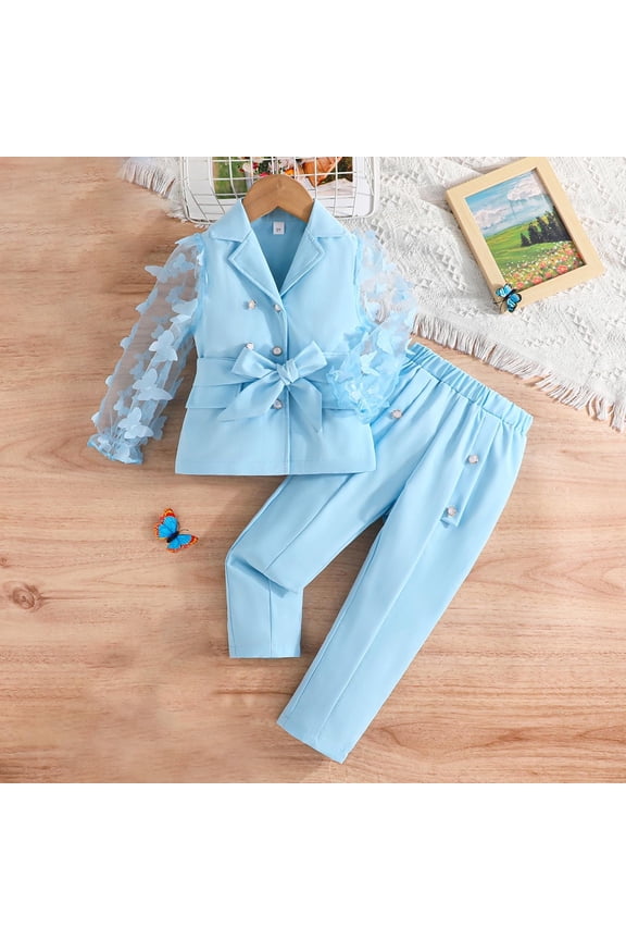 Girls Pants Casual Solid Sleeved Knot Mesh Sleeve Suit Two-piece Set Sleeved Lapel Set Blue