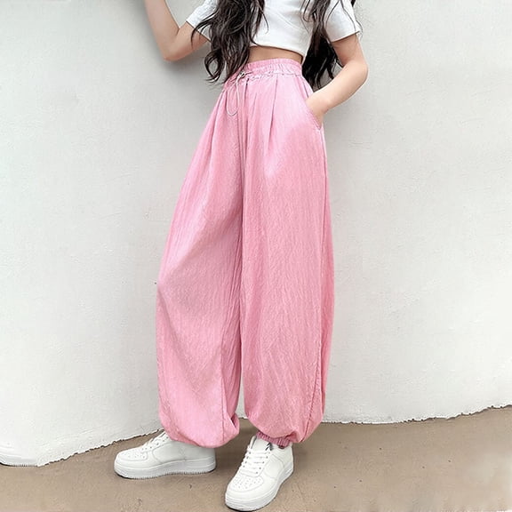 Juslio Girls Pants Casual Solid Thin Loose Summer Ice Silk Sports Mosquito Proof Mid Size Drawstring Lantern Pink