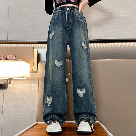 Juslio Pants for Girls Cute Elastic Waist Straight Leg Jeans Multi Pocket Pants Sizes 5-15