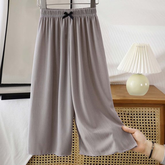 Juslio Girls Pants Casual Unisex Child Small Medium-sized Summer Loose Bow Wide Leg With Ice Silk Thin Gray