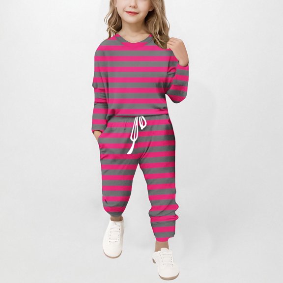 Juslio Girls Pants Casual Unisex Child Stripe Sleeve Set Two-piece Set Girl Hot Pink