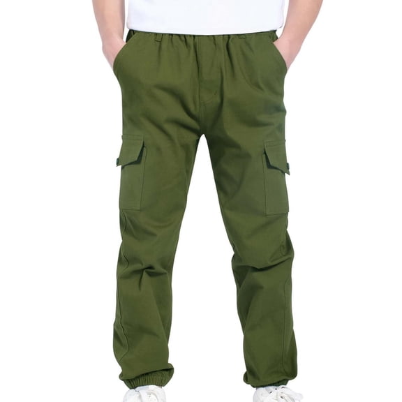 Juslio Girls Pants Casual Unisex Child With Pockets Sports Cargo Stretch Elastic Waist School Kids Twill Joggers for 4-13Years Army Green