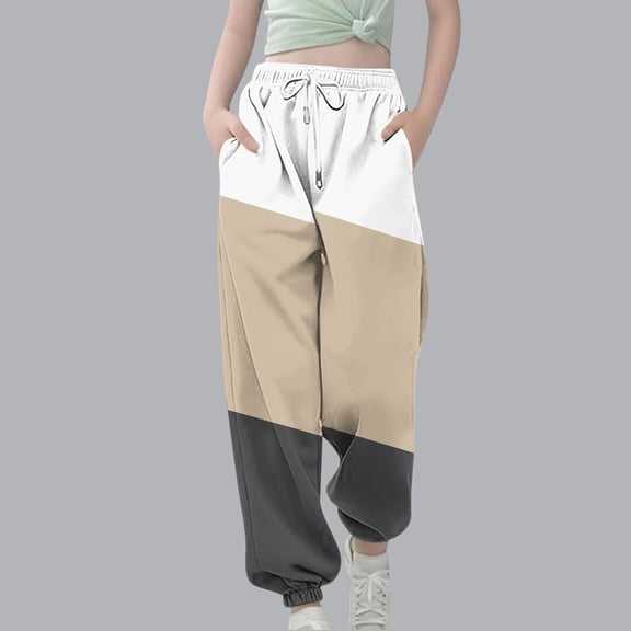 Juslio Girls Pants Casual Unisex Child Zhongda Splicing Printed Elastic Waist Drawstring With Pocket Leg Tight Waist Beige