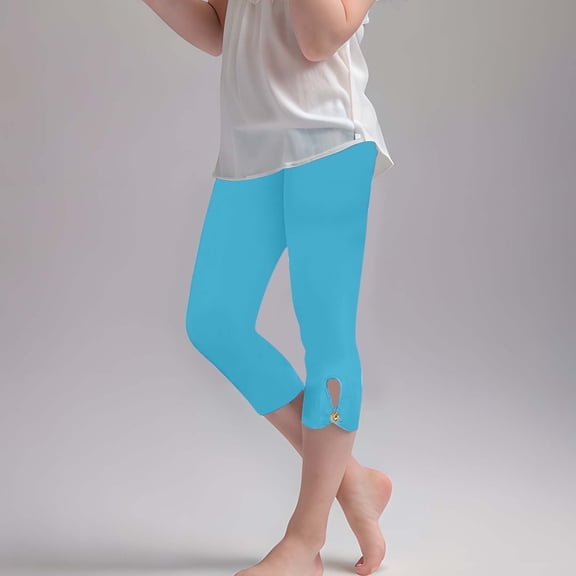 Juslio Girls Pants Cropped Trousers Stretchy Athletic Tights Dance Workout Running Yoga Leggings for Kids Teens Daily Wear（Light Blue Capris， 6 Years）