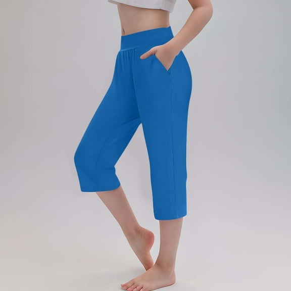Juslio Girls Pants Cropped Trousers Stretchy Athletic Tights Dance Workout Running Yoga Leggings for Kids Teens Daily Wear(Blue Capris, 4 Years)
