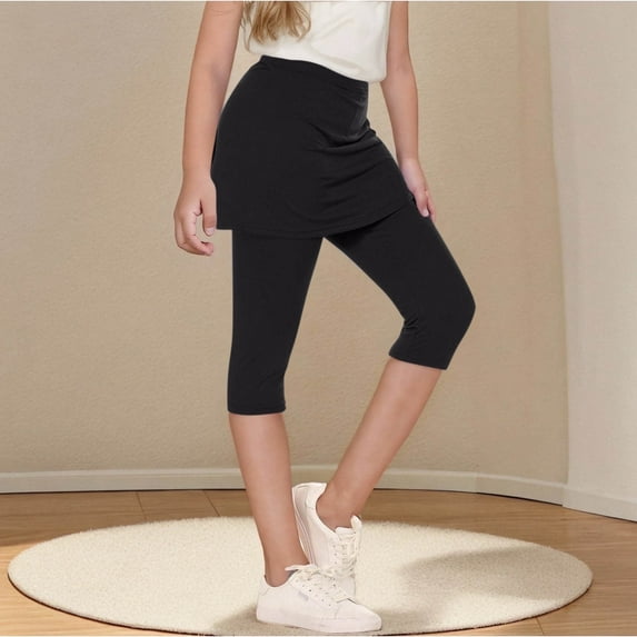 Juslio Girls Pants Fashionable Girls Children's Vacation Two Piece Under Skirt Sports Yoga Leggings(Black Capris, 130)