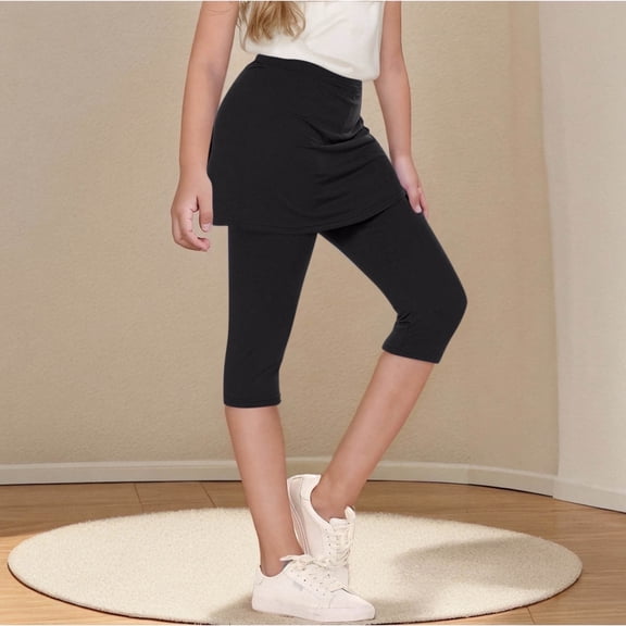 Juslio Girls Pants Fashionable Girls Children's Vacation Two Piece Under Skirt Sports Yoga Leggings（Black Capris， 140）