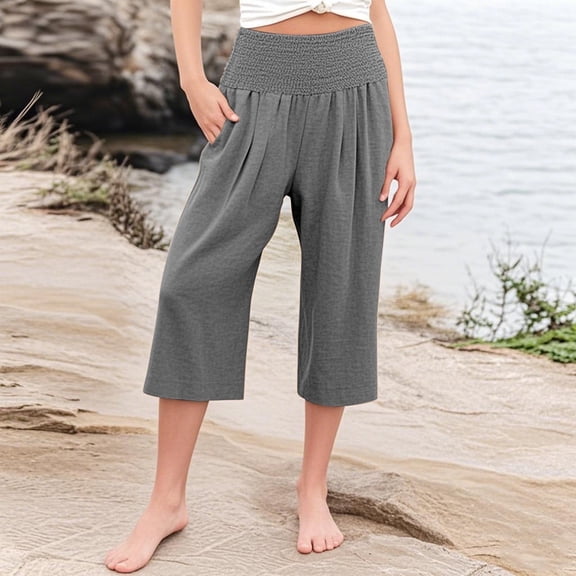 Juslio Girls Capris Girls Casual Smocked High Waist Pant Loose Wide Leg Trousers Cropped 4-14 Years（Dark Gray Capris， 8 Years）