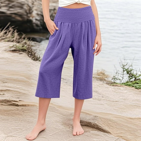 Juslio Girls Pants Girls Casual Smocked High Waist Pant Loose Wide Leg Trousers Cropped 4-14 Years(Purple Capris, 4 Years)