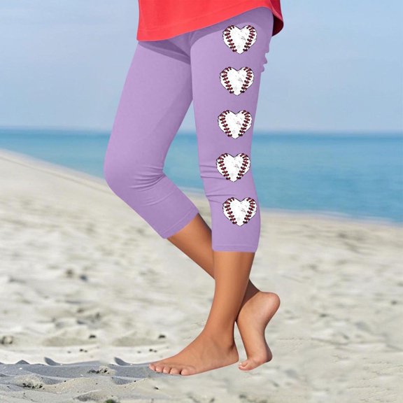 Juslio Girls Pants Kids Girls Fashion Baesball Print Summer Leisure Yoga Leggings Sports Cropped(Purple Capris, 2 Years)
