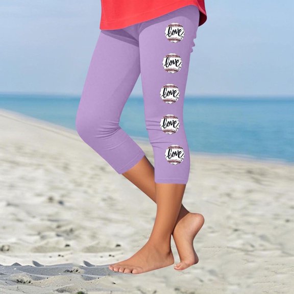 Juslio Girls Capris Kids Girls Fashion Baesball Print Summer Leisure Yoga Leggings Sports Cropped(Purple Capris, 6 Years)